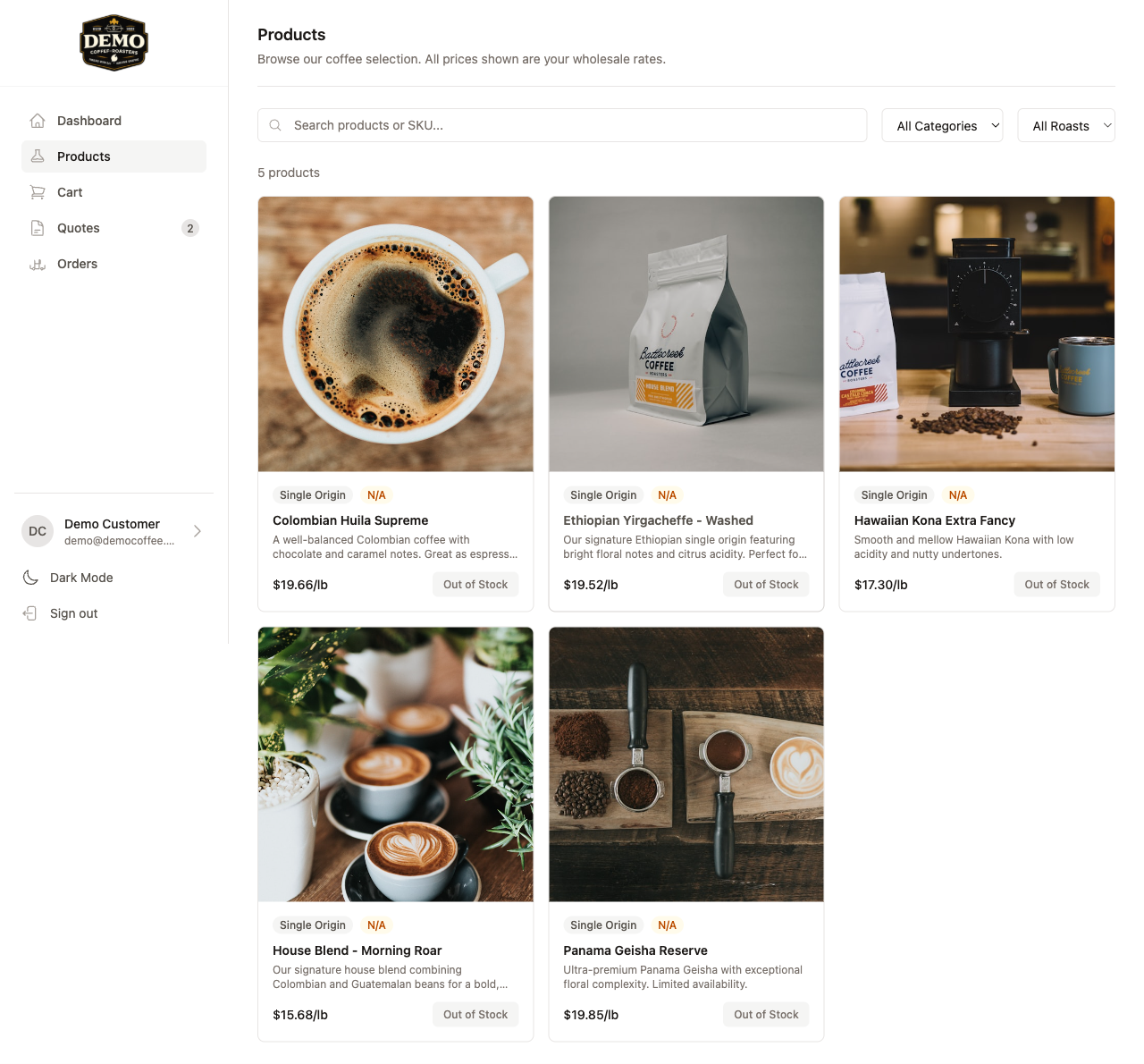 Customer portal dashboard showing product catalog with pricing and ordering options