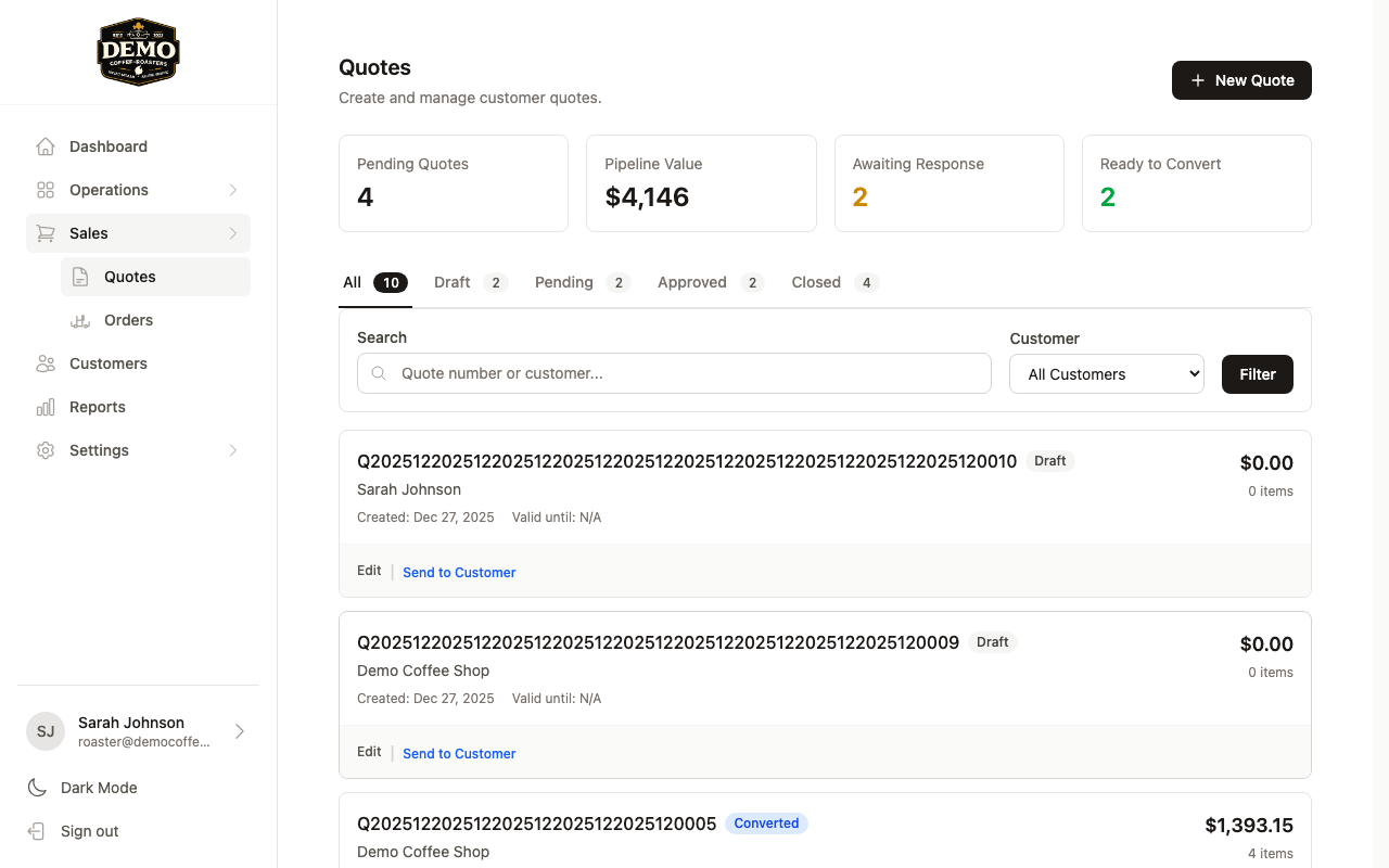 Quote management interface showing quote list with status, customer info, and actions